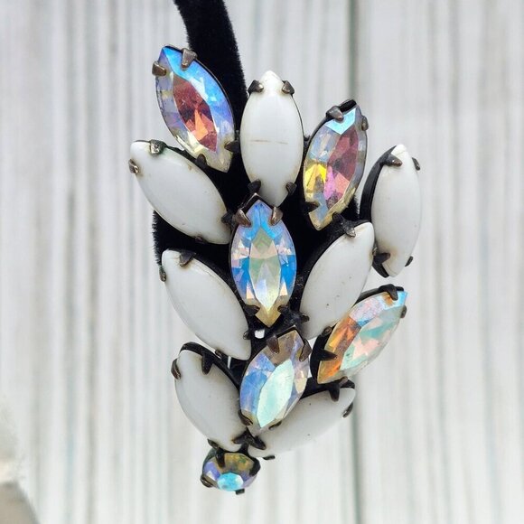 La Roco VINTAGE Milk Glass & AB Navette Crystal Clip On Earrings Large Climbers - Picture 7 of 10